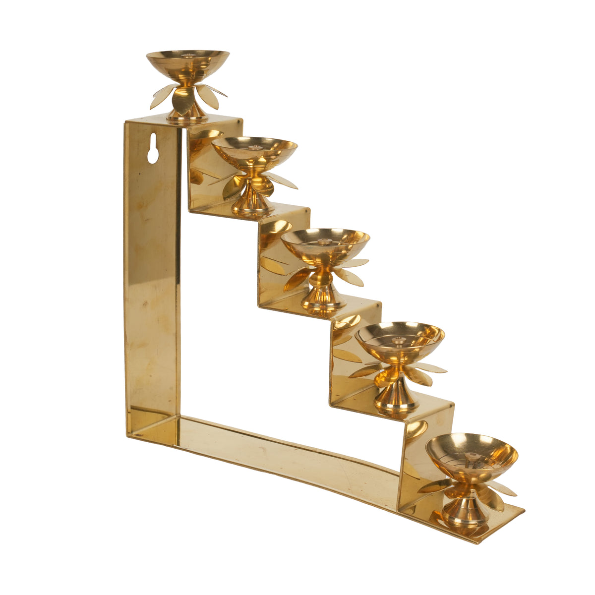 Handcrafted Traditional Brass 5-Tier Step Diya Stand | Lotus Multi-Level Wall Sconce