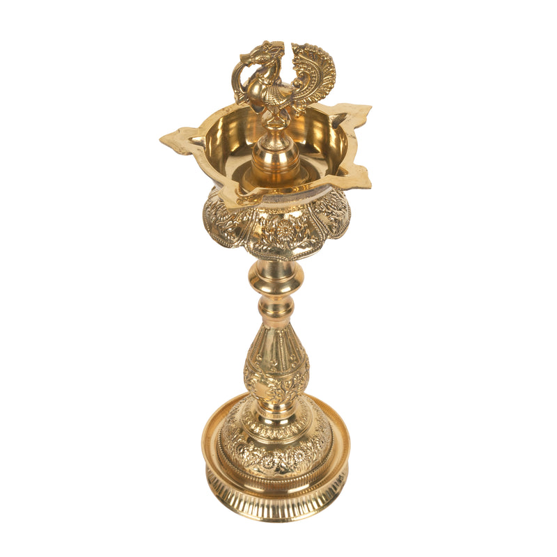 Handcrafted Traditional Brass Kutthuvilakku | Tall Peacock Pedestal Oil Lamp