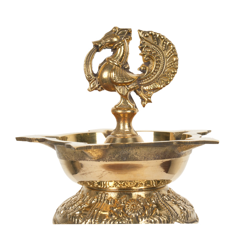 Handcrafted Traditional Brass Kutthuvilakku | Tall Peacock Pedestal Oil Lamp