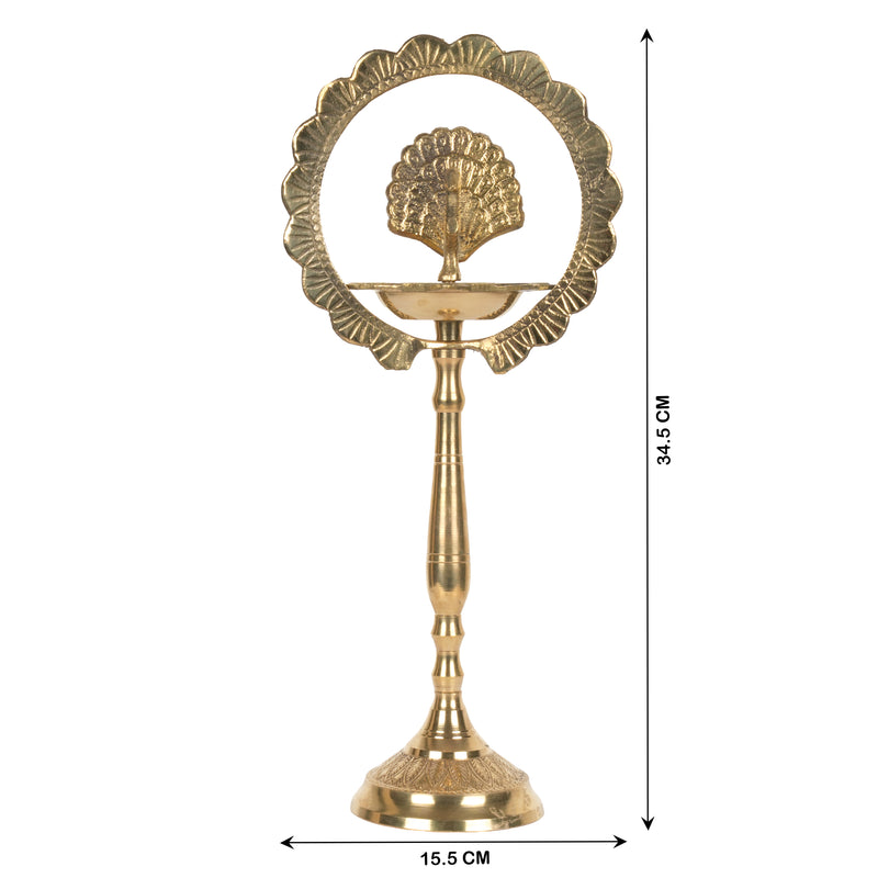 Handcrafted Traditional Brass Peacock Diya | Halo Arch Prabhavali Altar Lamp