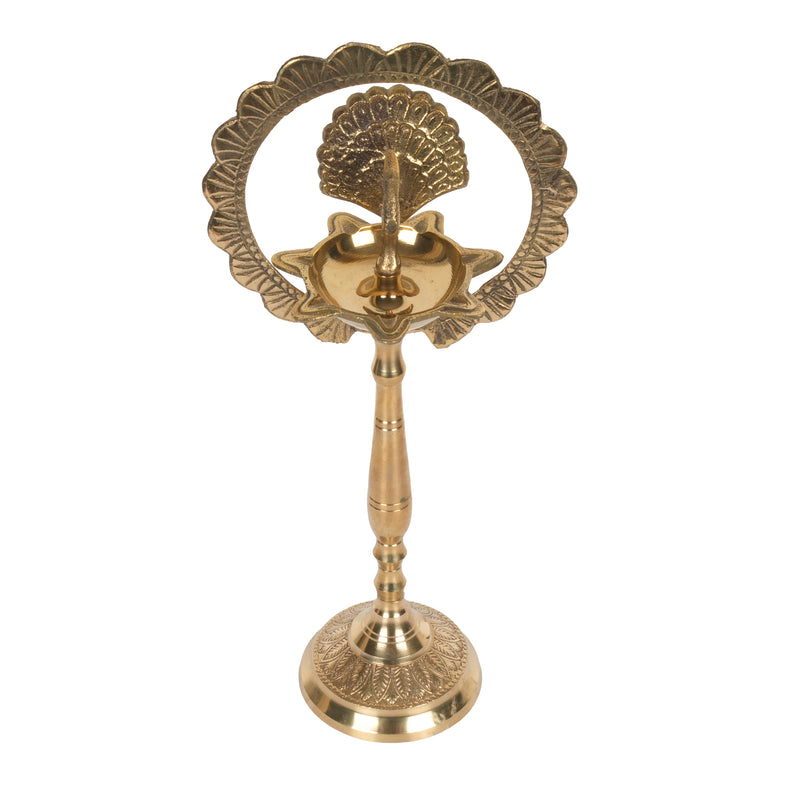 Handcrafted Traditional Brass Peacock Diya | Halo Arch Prabhavali Altar Lamp