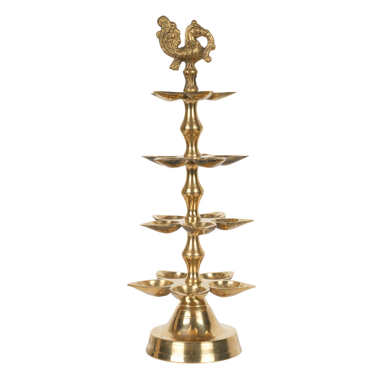 Handcrafted Traditional Brass Multi-Tier Tree Diya | 21-Wick Peacock Altar Lamp