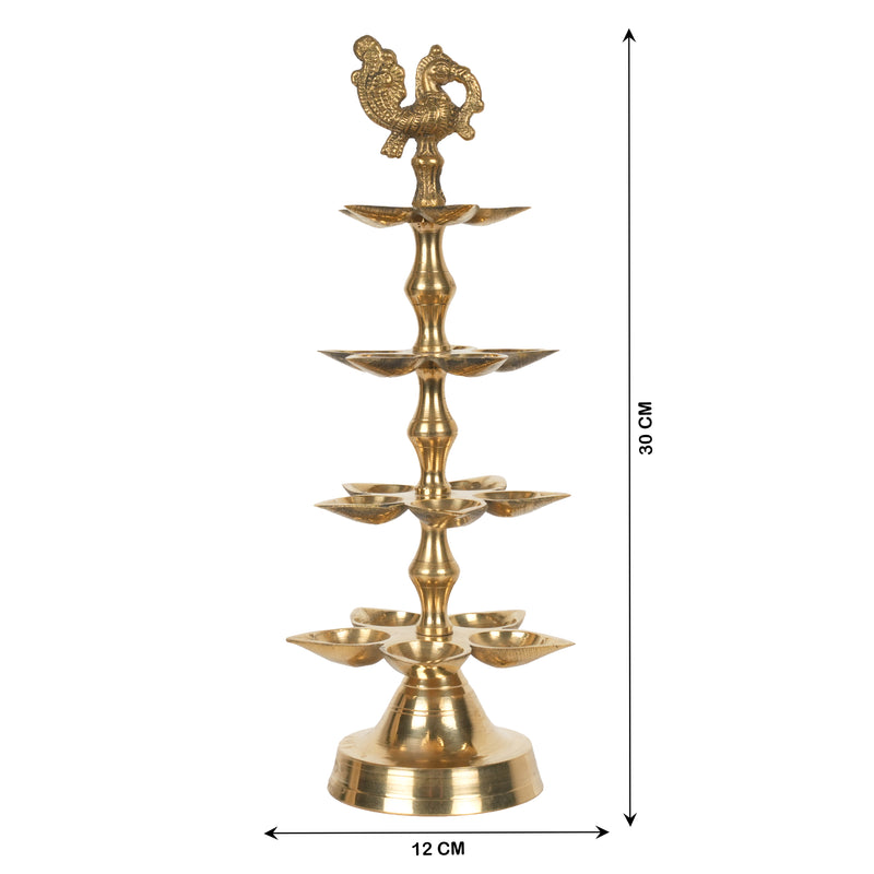 Handcrafted Traditional Brass Multi-Tier Tree Diya | 21-Wick Peacock Altar Lamp