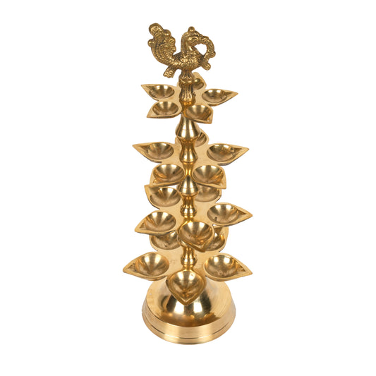 Handcrafted Traditional Brass Multi-Tier Tree Diya | 21-Wick Peacock Altar Lamp