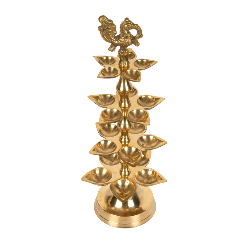 Handcrafted Traditional Brass Multi-Tier Tree Diya | 21-Wick Peacock Altar Lamp
