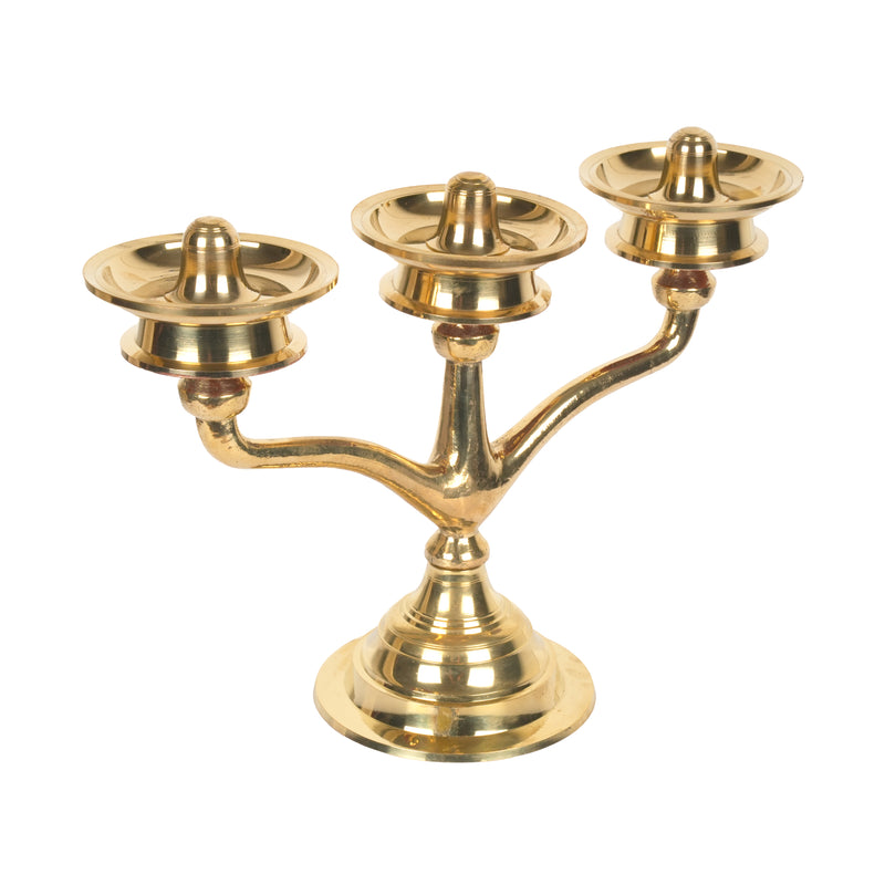 Handcrafted Traditional Brass 3-Branch Candelabra Diya | Triple Altar Oil Lamp