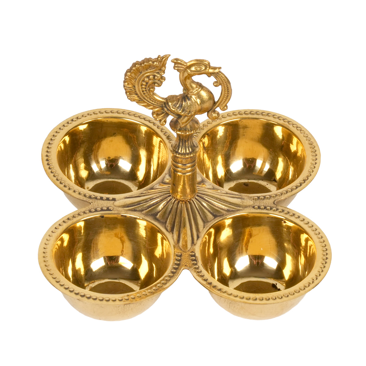 Handcrafted Traditional Brass 4-Cup Altar Ritual Vessel | Peacock Kumkum & Haldi Holder