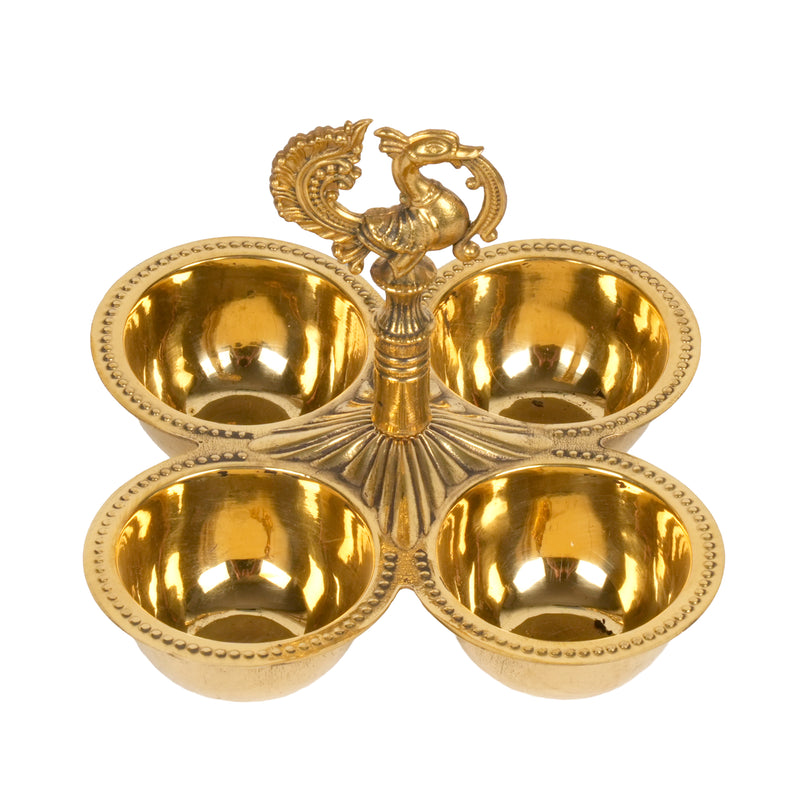 Handcrafted Traditional Brass 4-Cup Altar Ritual Vessel | Peacock Kumkum & Haldi Holder