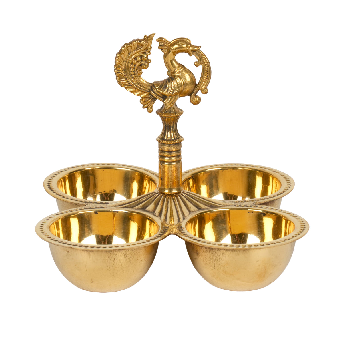 Handcrafted Traditional Brass 4-Cup Altar Ritual Vessel | Peacock Kumkum & Haldi Holder