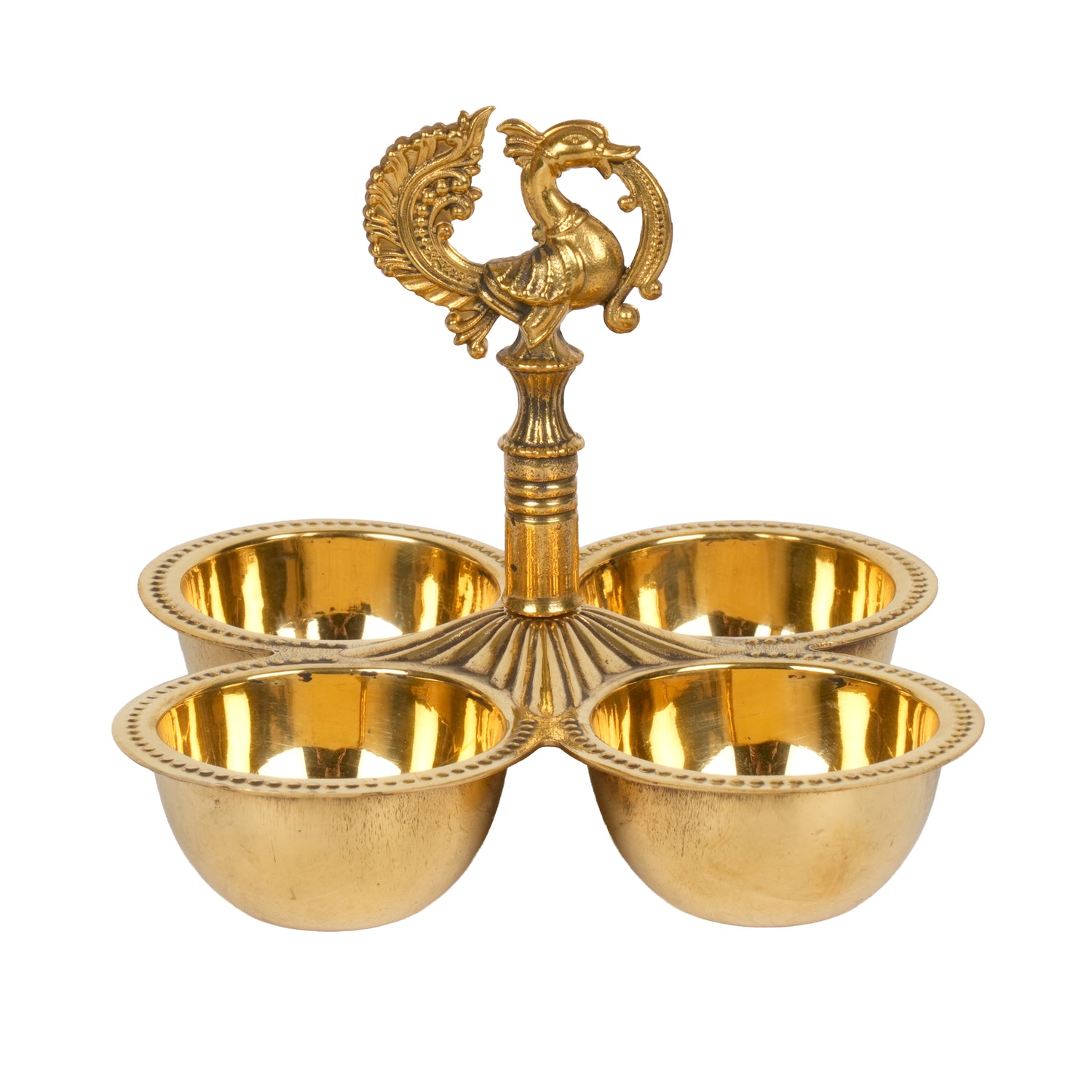 Handcrafted Traditional Brass 4-Cup Altar Ritual Vessel | Peacock Kumkum & Haldi Holder