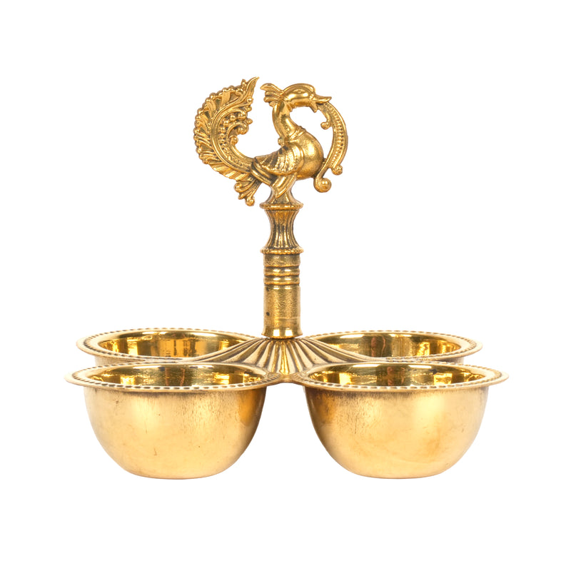 Handcrafted Traditional Brass 4-Cup Altar Ritual Vessel | Peacock Kumkum & Haldi Holder