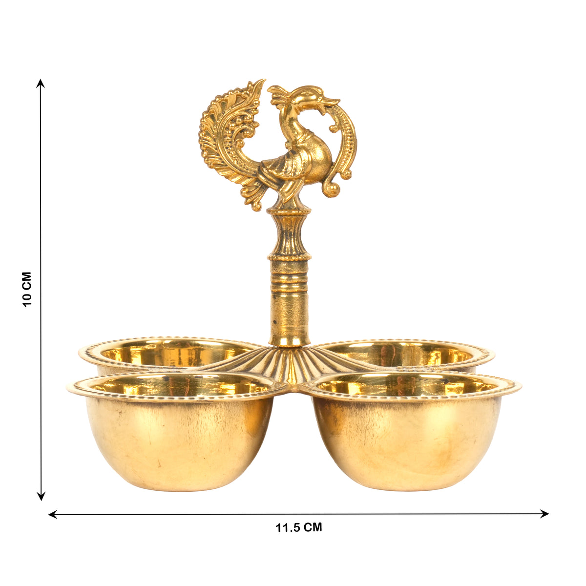 Handcrafted Traditional Brass 4-Cup Altar Ritual Vessel | Peacock Kumkum & Haldi Holder