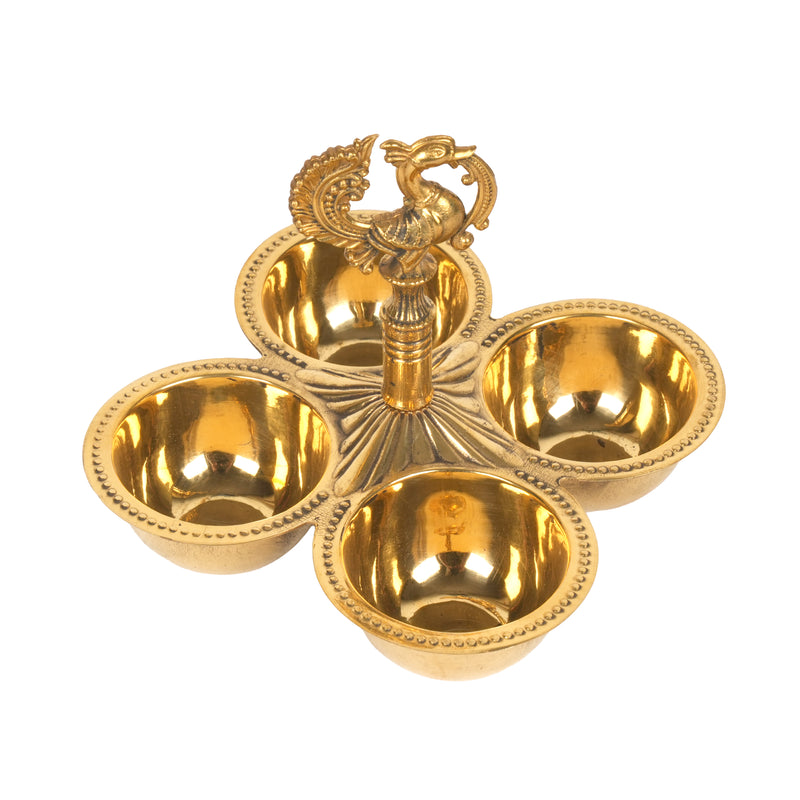 Handcrafted Traditional Brass 4-Cup Altar Ritual Vessel | Peacock Kumkum & Haldi Holder