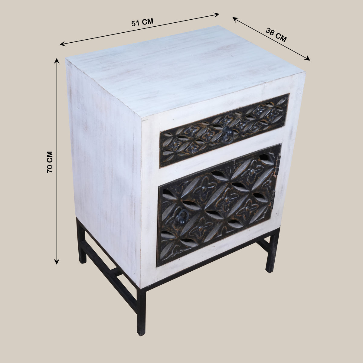 Handcrafted Wooden and Metal Bedside Table with Decorative Grillwork