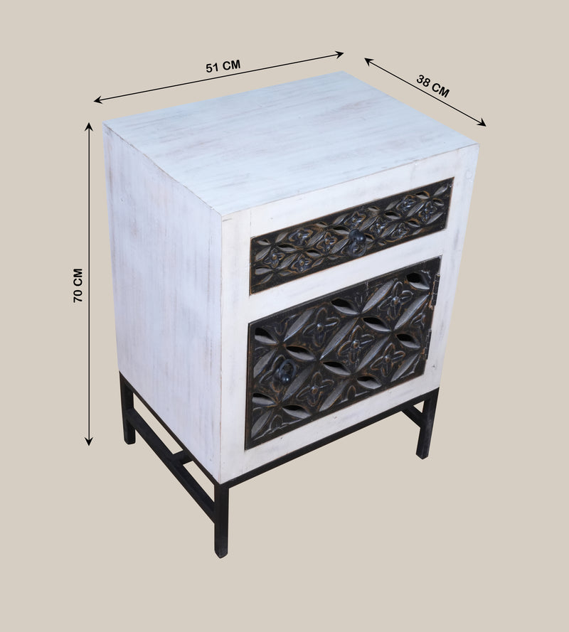 Handcrafted Wooden and Metal Bedside Table with Decorative Grillwork