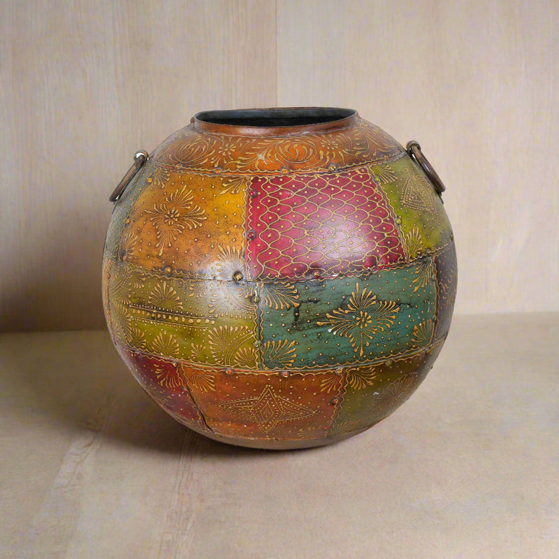 Antique Hand-Painted Iron Decorative Pot – Vibrant Indian Art and Craftsmanship