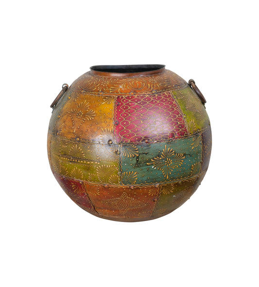 Antique Hand-Painted Iron Decorative Pot – Vibrant Indian Art and Craftsmanship
