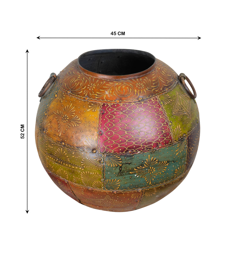Antique Hand-Painted Iron Decorative Pot – Vibrant Indian Art and Craftsmanship