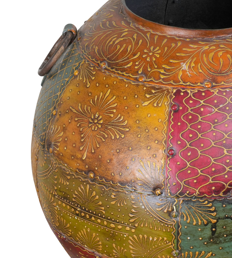 Antique Hand-Painted Iron Decorative Pot – Vibrant Indian Art and Craftsmanship