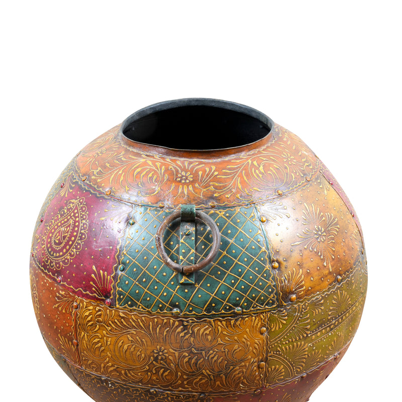 Antique Hand-Painted Iron Decorative Pot – Vibrant Indian Art and Craftsmanship