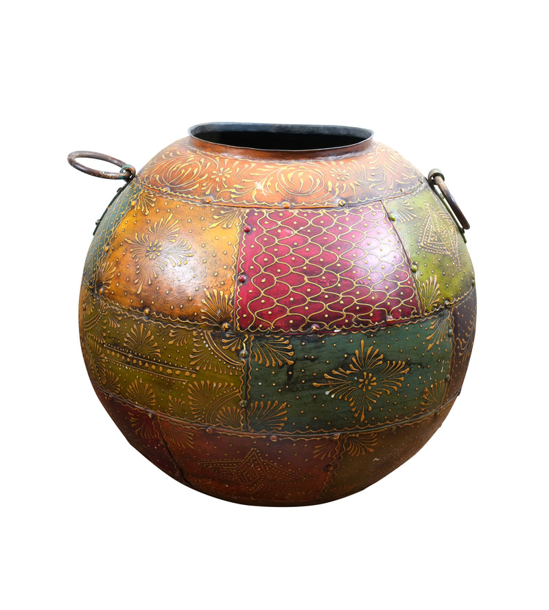 Antique Hand-Painted Iron Decorative Pot – Vibrant Indian Art and Craftsmanship