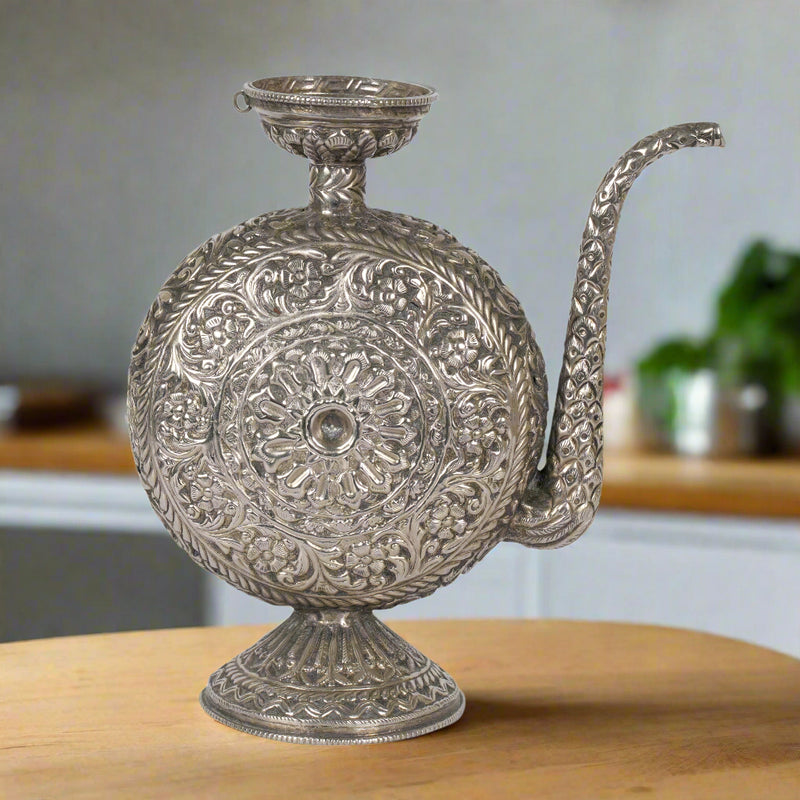 Hand-Engraved Silver-plated Brass Kamandalu | A Decorative Echo of Indian Heritage
