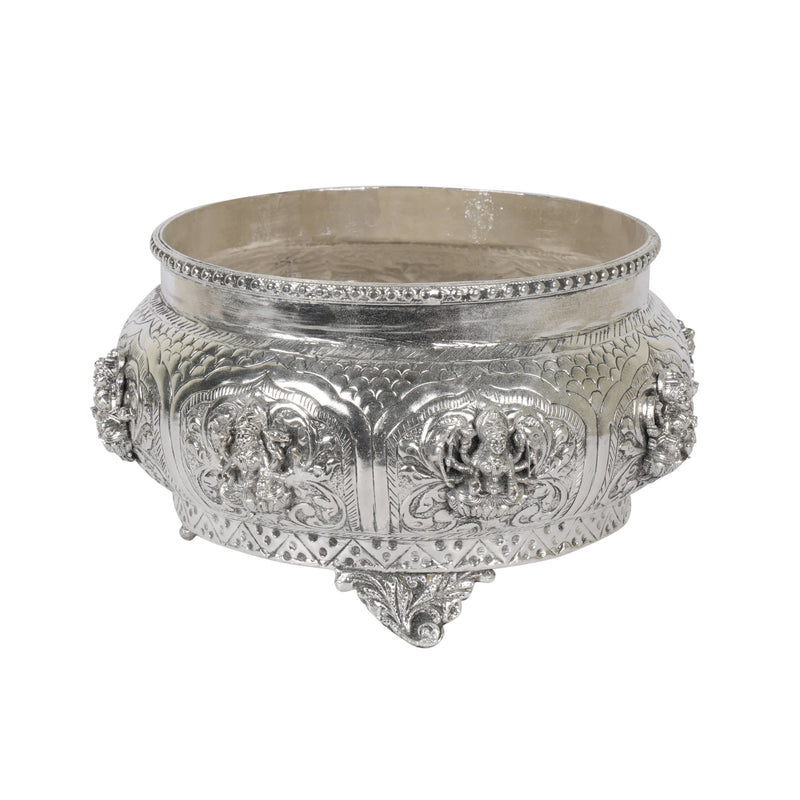 Gajalakshmi's Abundance: Handcrafted Silver-Plated Brass Urli