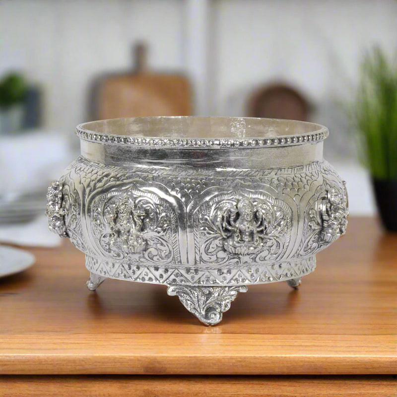 Gajalakshmi's Abundance: Handcrafted Silver-Plated Brass Urli