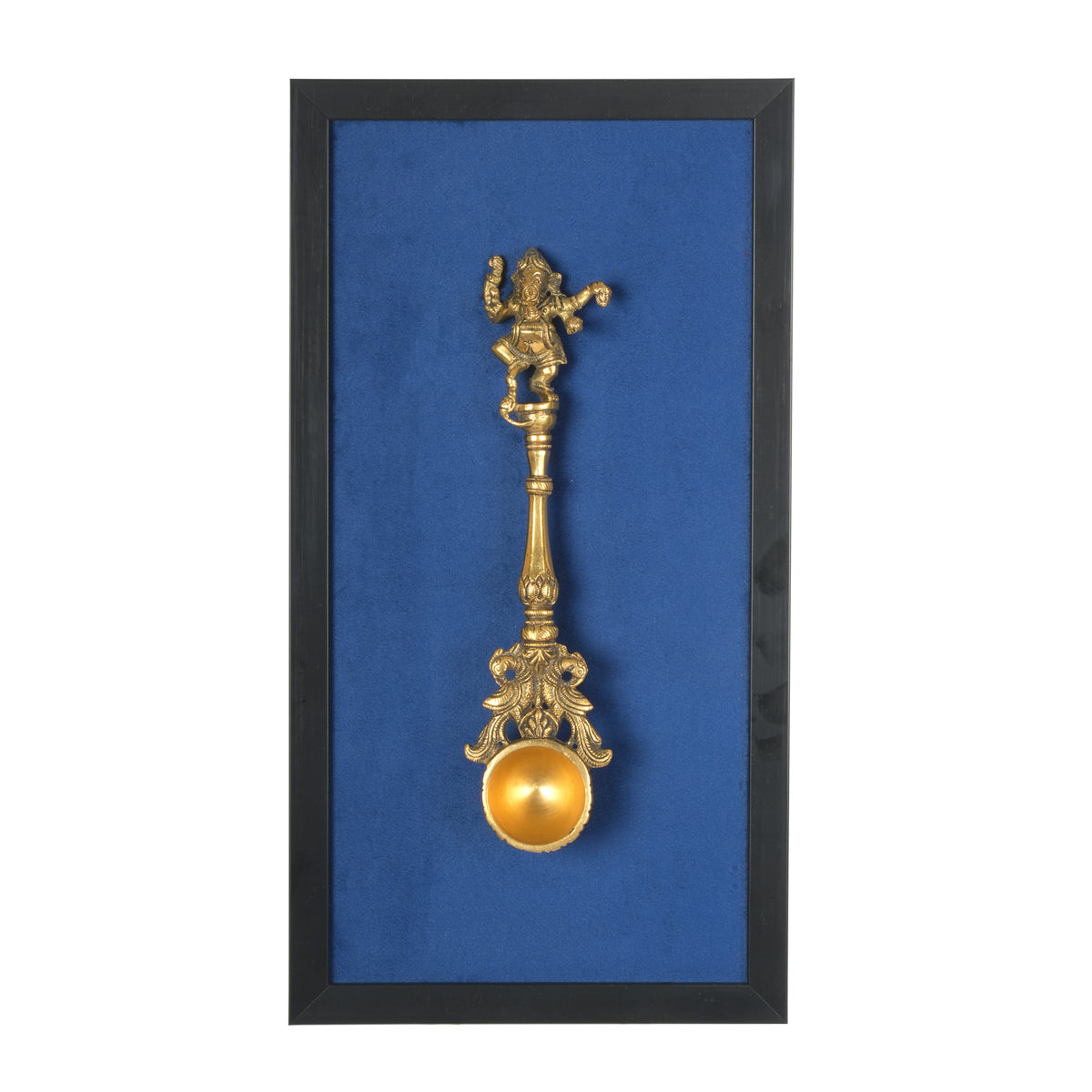 Handcrafted Traditional Brass Ganesha Spoon Framed Art | Royal Blue Shadow Box