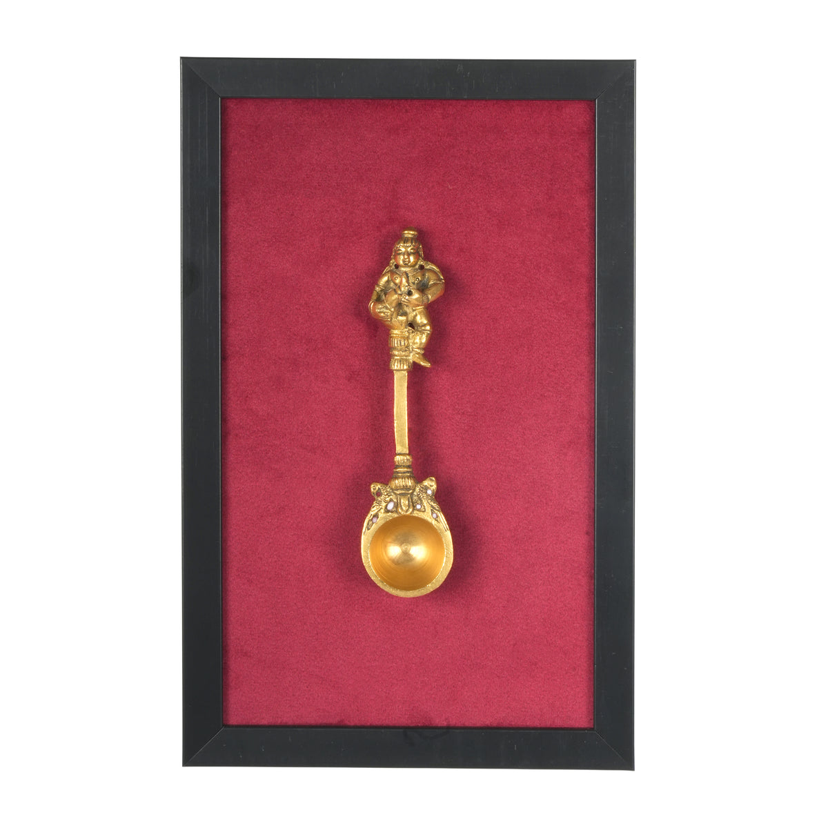 Handcrafted Traditional Brass Bala Krishna Spoon Framed Art | Crimson Red Shadow Box