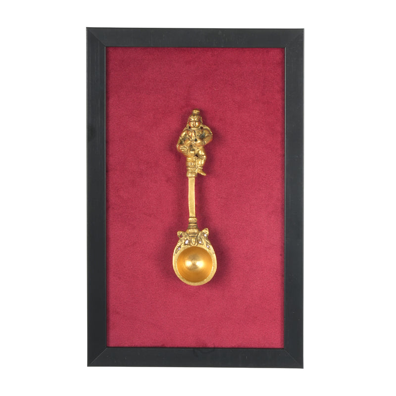Handcrafted Traditional Brass Bala Krishna Spoon Framed Art | Crimson Red Shadow Box