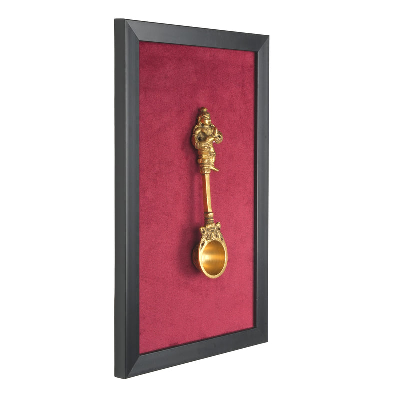 Handcrafted Traditional Brass Bala Krishna Spoon Framed Art | Crimson Red Shadow Box
