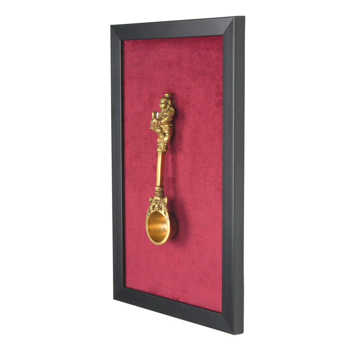Handcrafted Traditional Brass Bala Krishna Spoon Framed Art | Crimson Red Shadow Box