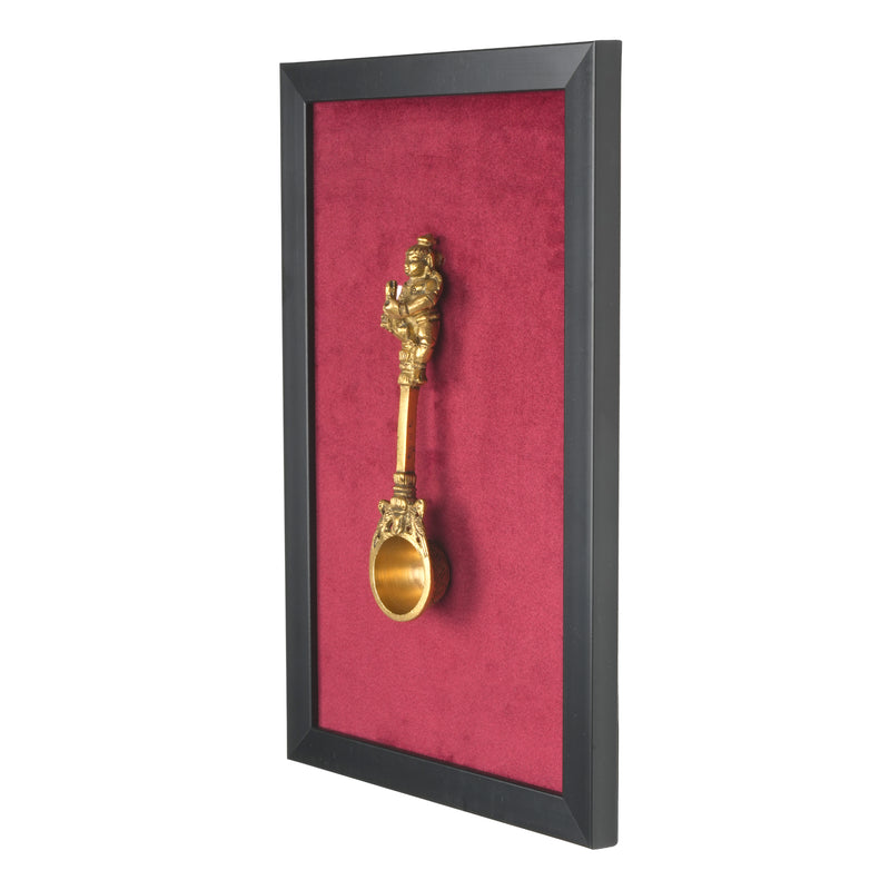 Handcrafted Traditional Brass Bala Krishna Spoon Framed Art | Crimson Red Shadow Box