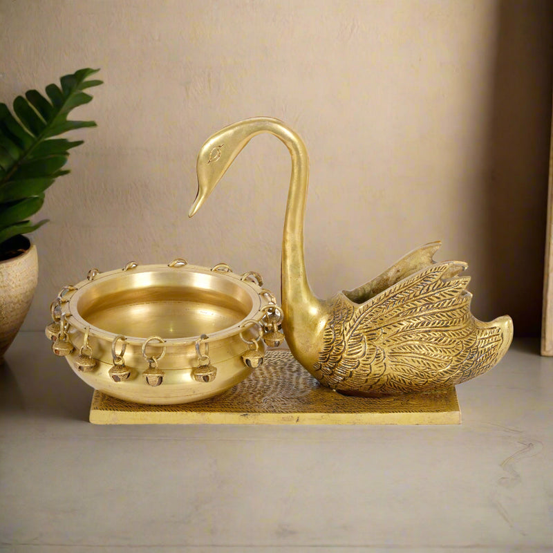 Hamsa Harmony: Handcrafted Indian Brass Swan Bowl with Temple Bells