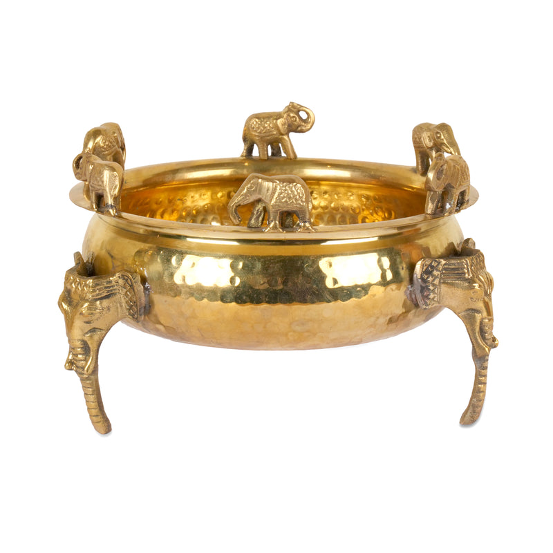 Handcrafted Brass Elephant Urli – Hammered Decorative Bowl
