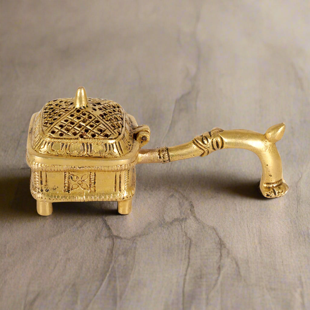 Handcrafted Indian Brass Incense Burner with Ornate Handle | Artisan Dhoop Dani