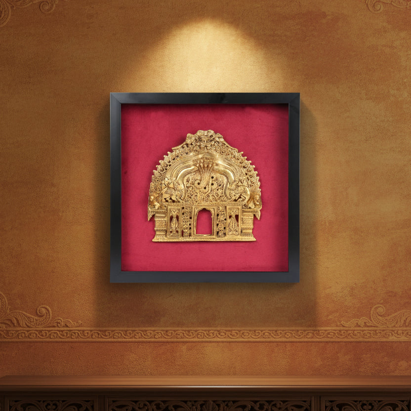 Framed Naga & Yali Temple Panel – Brass Wall Art
