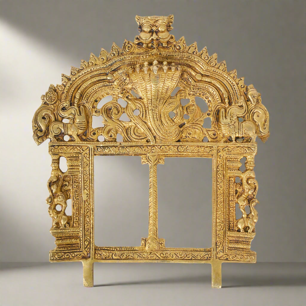 Handcrafted Indian Brass Prabhavali Wall Hanging | Double Frame Temple Arch with Naga Motifs
