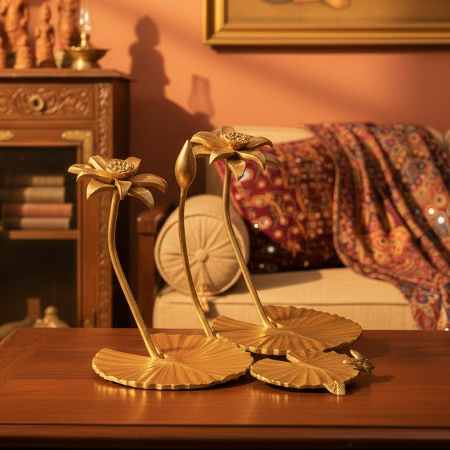 Handcrafted Brass Lotus Flower & Leaf Decorative Accent