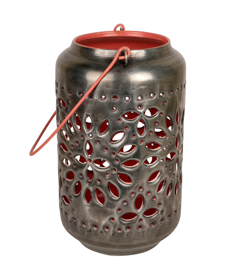 Artisan Ceramic Cutout Metal Lantern: Handcrafted Indian Floral Design