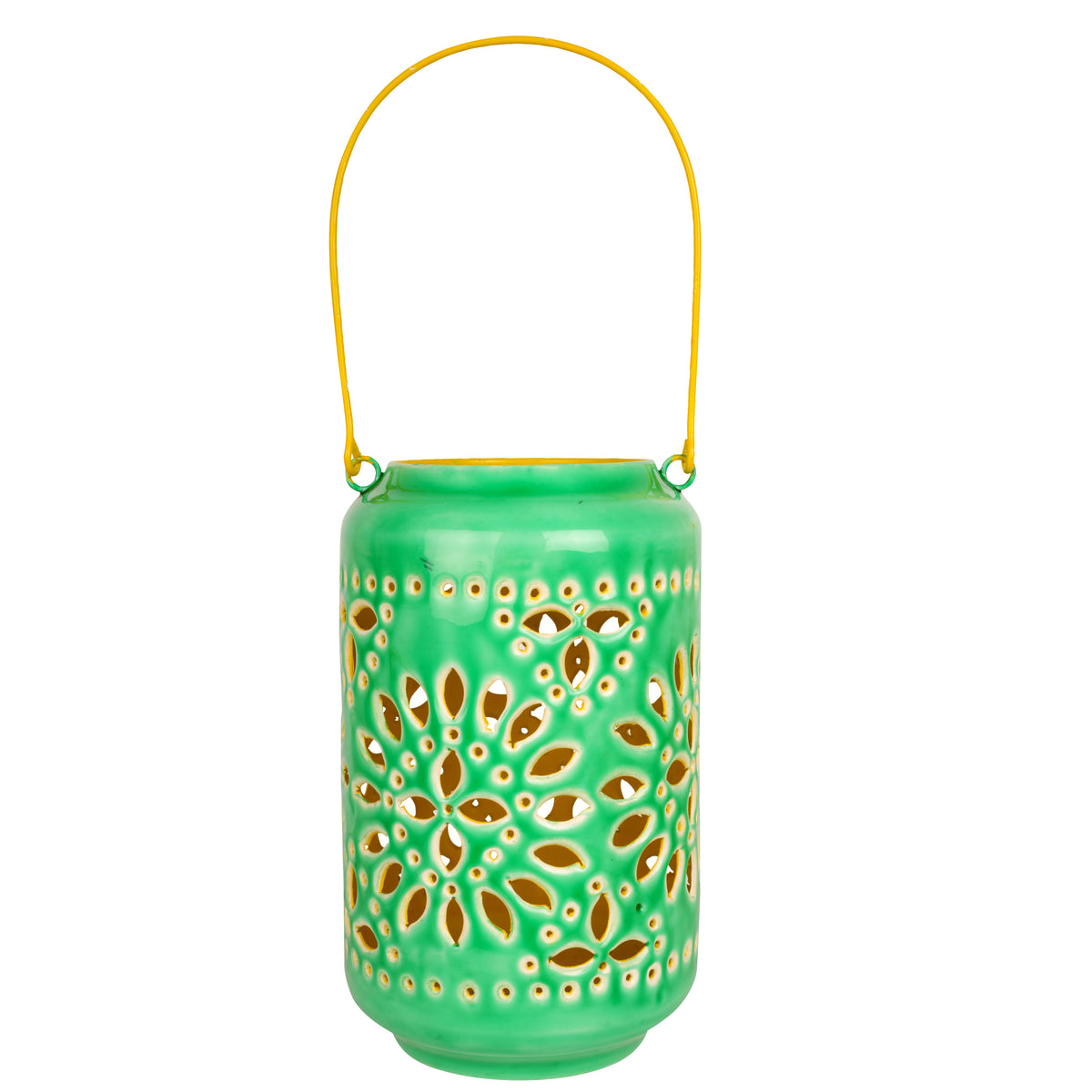 Artisan Ceramic Cutout Metal Lantern: Handcrafted Indian Floral Design
