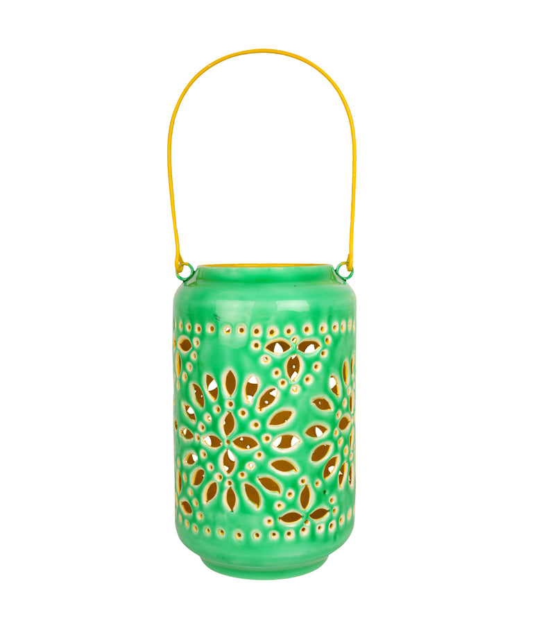Artisan Ceramic Cutout Metal Lantern: Handcrafted Indian Floral Design