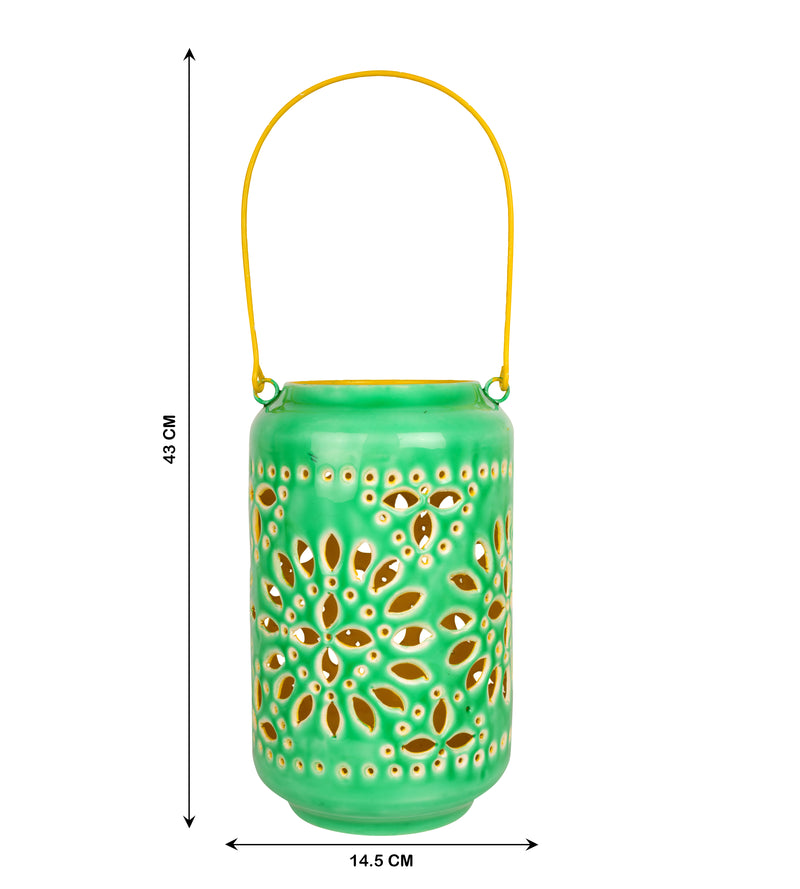 Artisan Ceramic Cutout Metal Lantern: Handcrafted Indian Floral Design