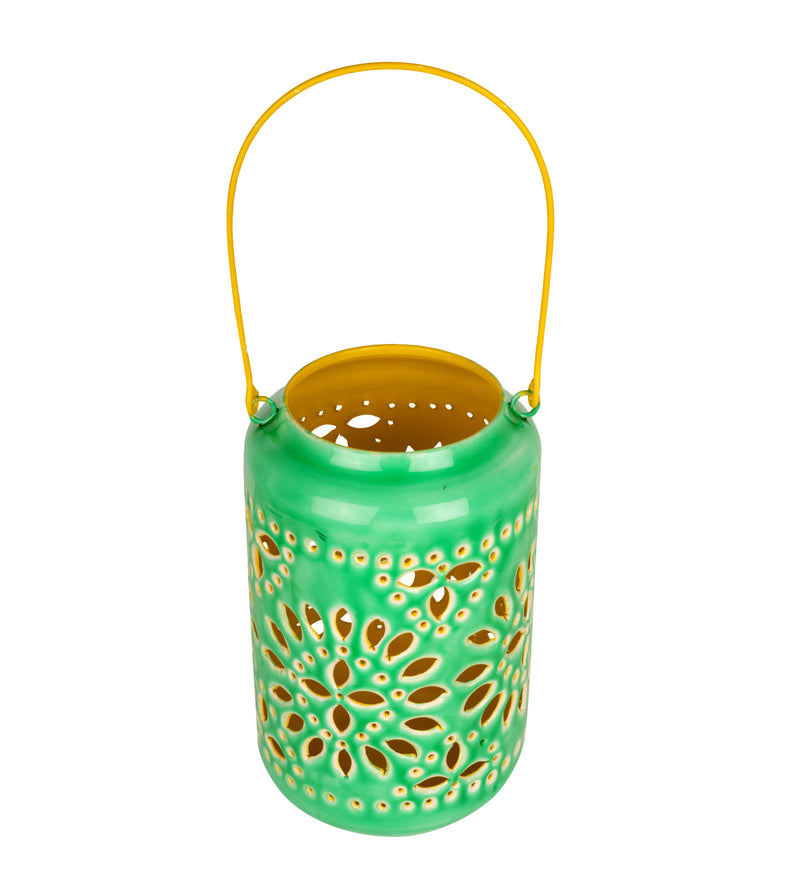 Artisan Ceramic Cutout Metal Lantern: Handcrafted Indian Floral Design
