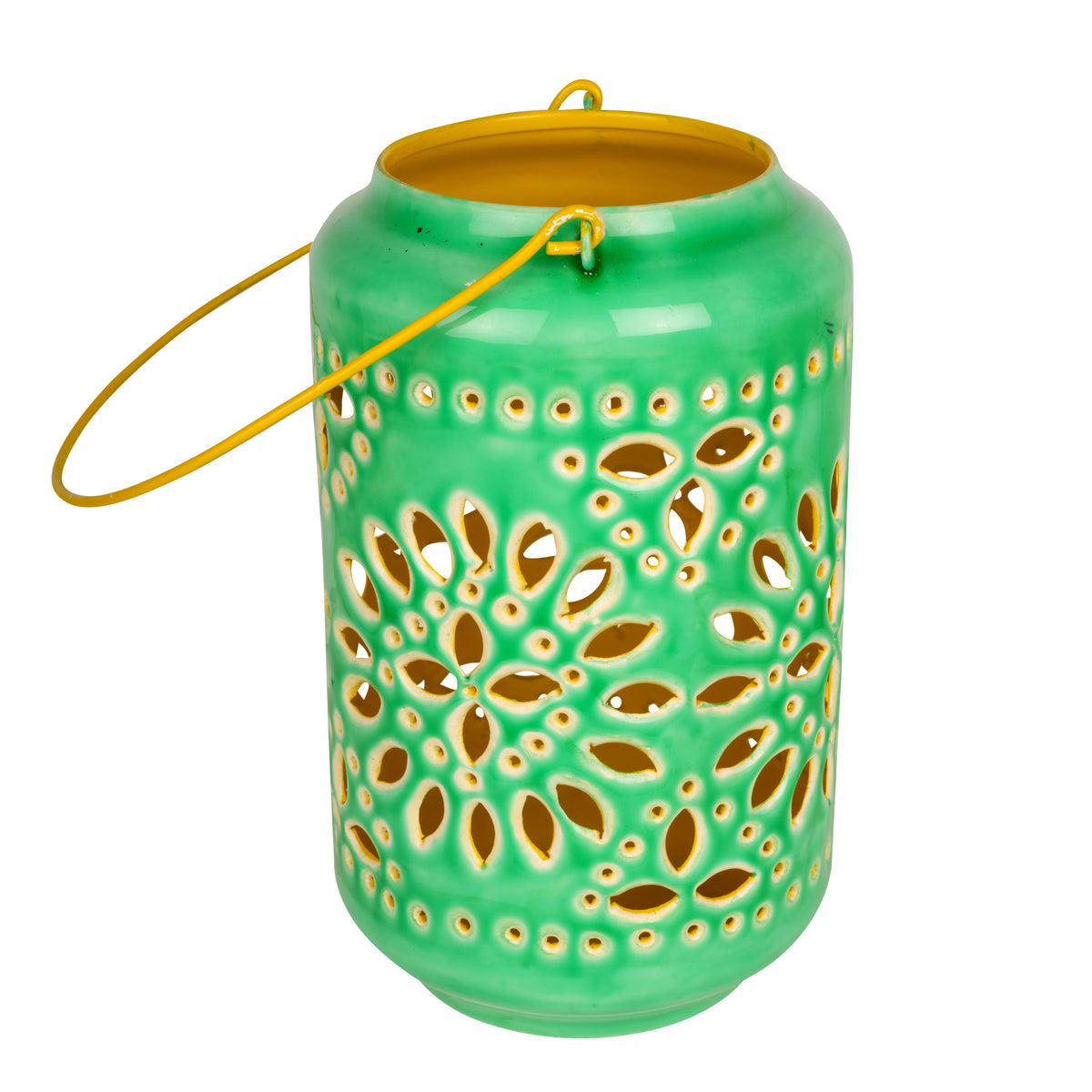 Artisan Ceramic Cutout Metal Lantern: Handcrafted Indian Floral Design