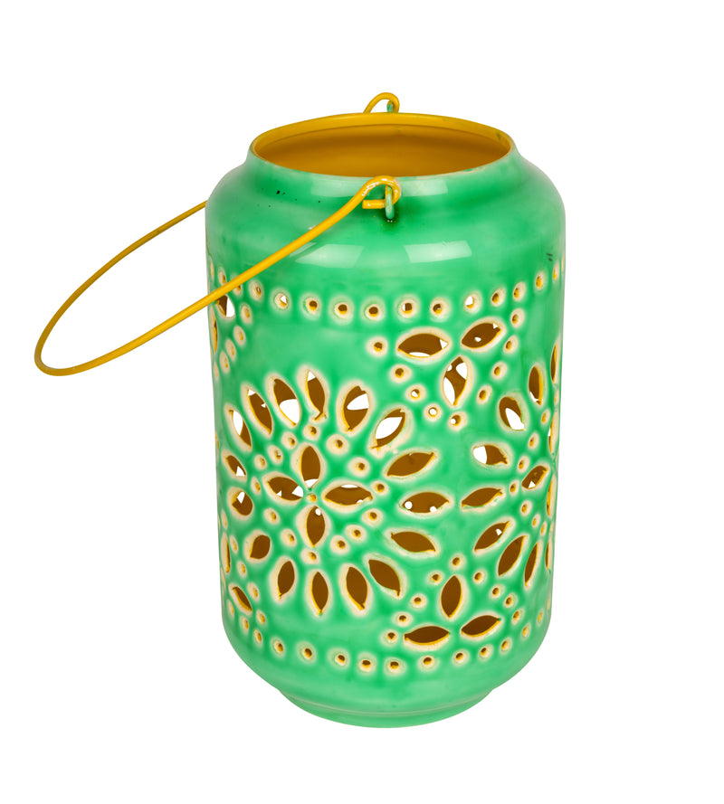 Artisan Ceramic Cutout Metal Lantern: Handcrafted Indian Floral Design