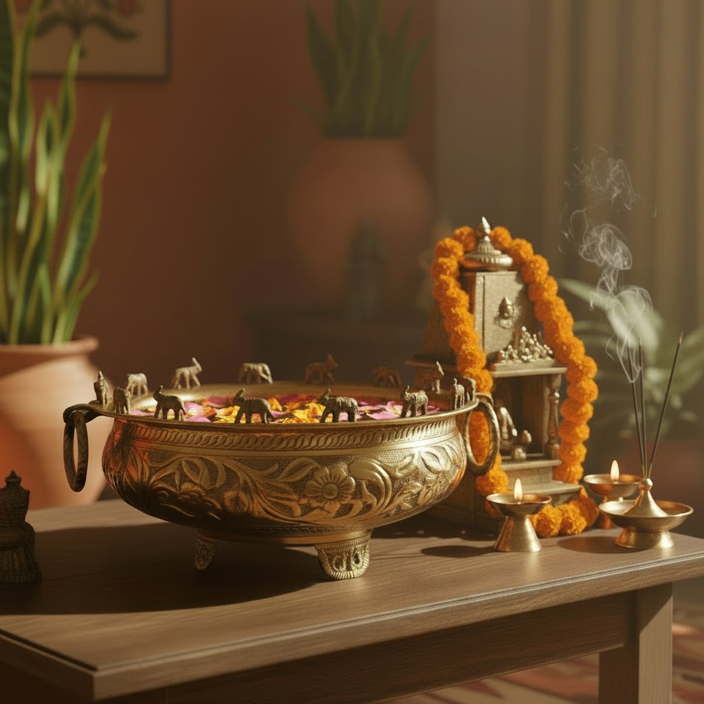 Handcrafted Traditional Brass Royal Elephant Urli | Procession Rim Floating Flower Bowl