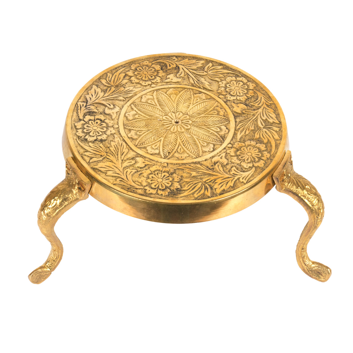 Handcrafted Traditional Brass Engraved Chowki | Floral Medallion Altar Stand