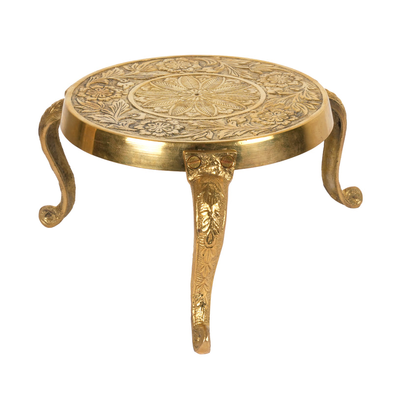 Handcrafted Traditional Brass Engraved Chowki | Floral Medallion Altar Stand